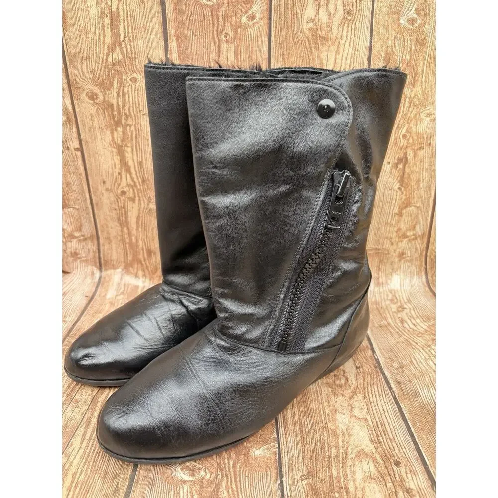 Mason vintage Black Leather Shearling Lined Zip Boots Round Toe SIZE 8.5